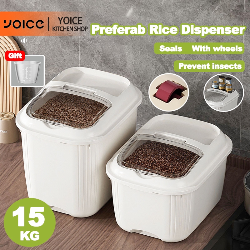 YOICE 5/10/15KG Rice Dispenser With Wheels/Preferab Rice Storage Insect ...