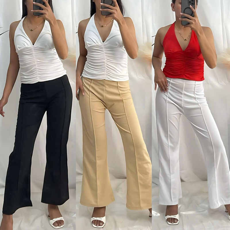 MARITES TROUSERS Flare Crepe Fabric Pants | Shopee Philippines