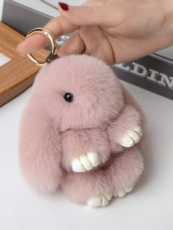 Cute Fluffy Rabbit Keychain 15CM Bunny Pendant Keychain Real Fur Pompon ...