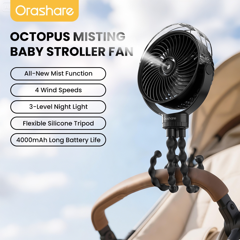 Orashare OCF03 Stroller Fan With Mist Fan 4000mAh Rechargeable Quiet ...