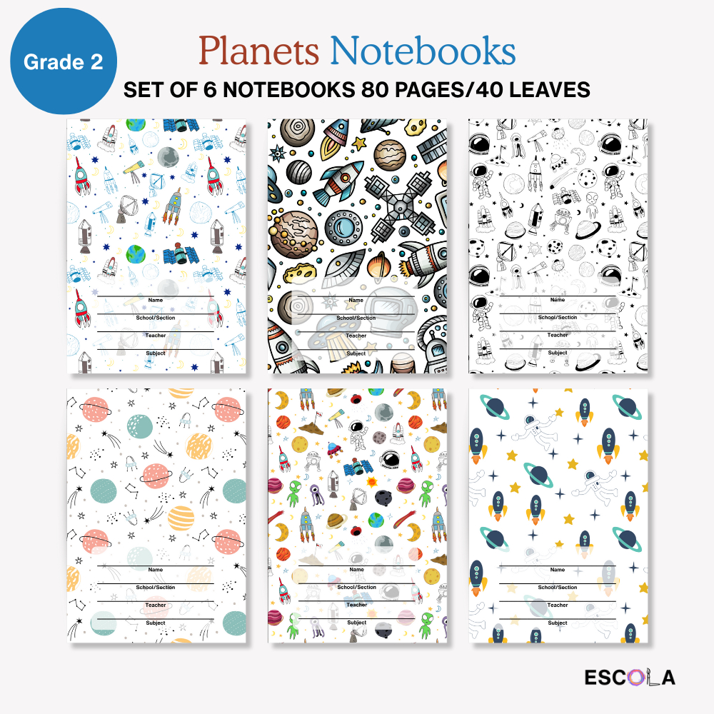 Set of 6 GRADE 2 Writing Notebooks, Planets Design, Standard A5, 40 ...