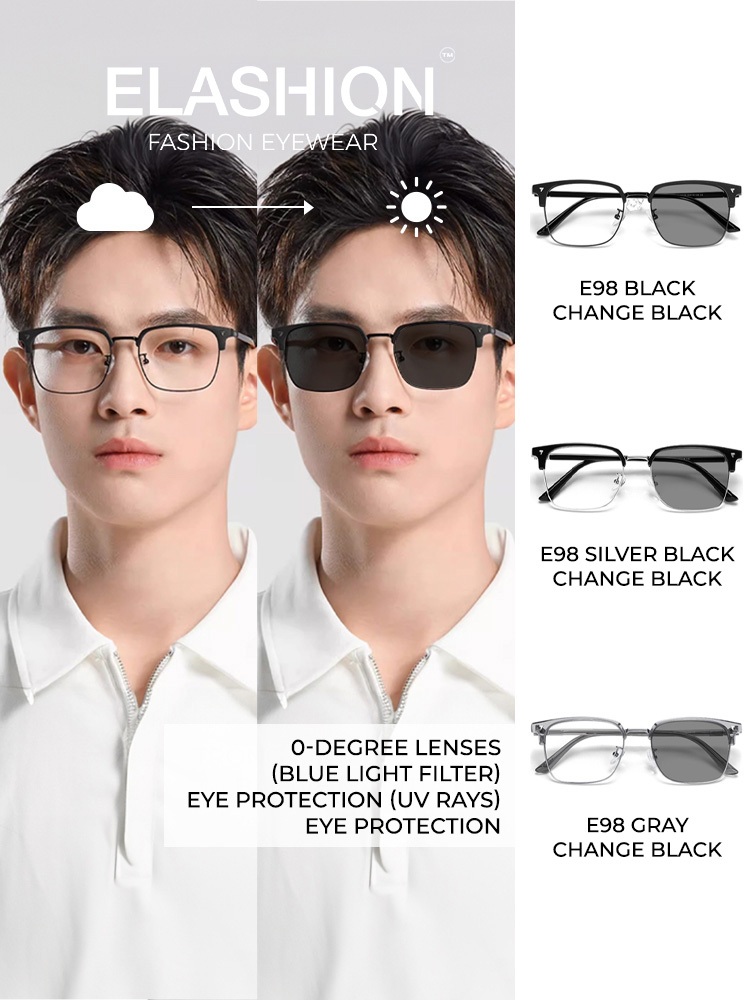 ELASHION Unisex Photochromic Glasses Premium TR90 Frame, Polarized Lenses  with Blue Light E98