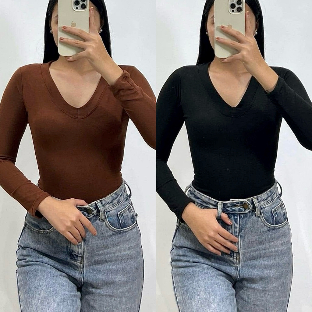 KARA COTTON VNECK Longsleeves Double Lining Top | Shopee Philippines