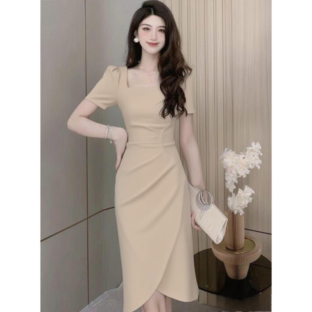 formal khaki dress Keelin Khaki High Neck Open Back Ruched Midi Dress – Get That Trend main image 1