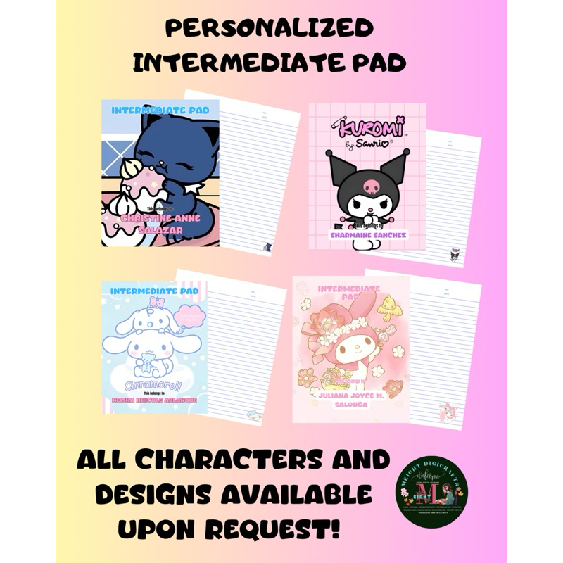 PERSONALIZED INTERMEDIATE PADS ALL CHARACTERS AVAILABLE UPON REQUEST DM ...