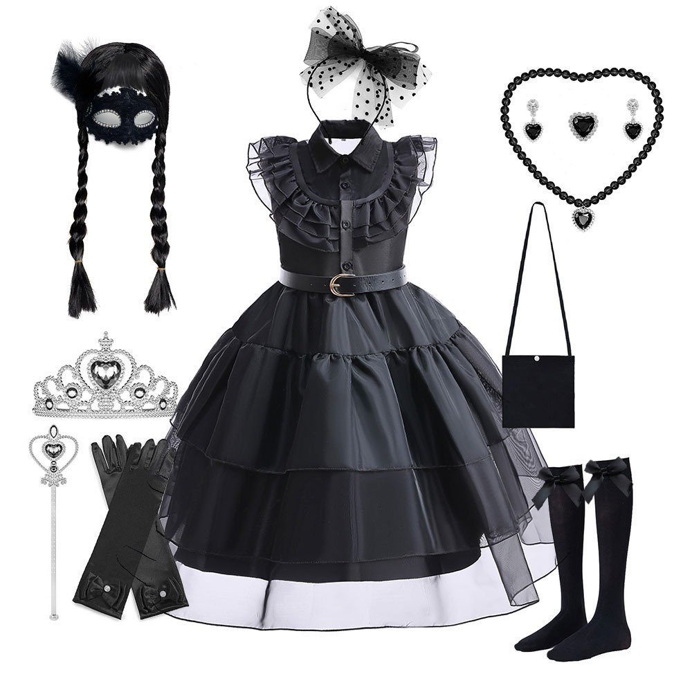 Wednesday Cosplay Dress for Girl Kids Costume Clothes Black Gothic