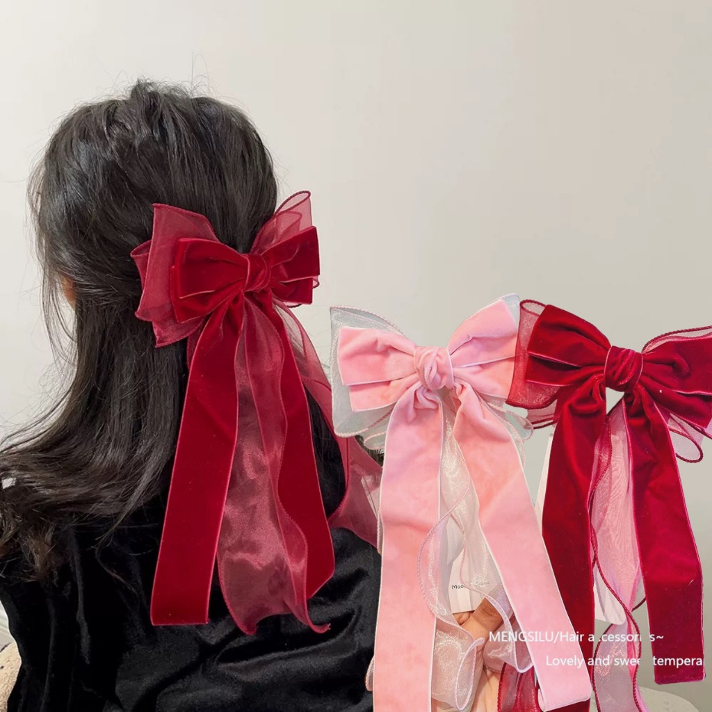 Red Velvet Korean Large Ribbon Bow Hair Clip Mesh Alloy Spring Clip