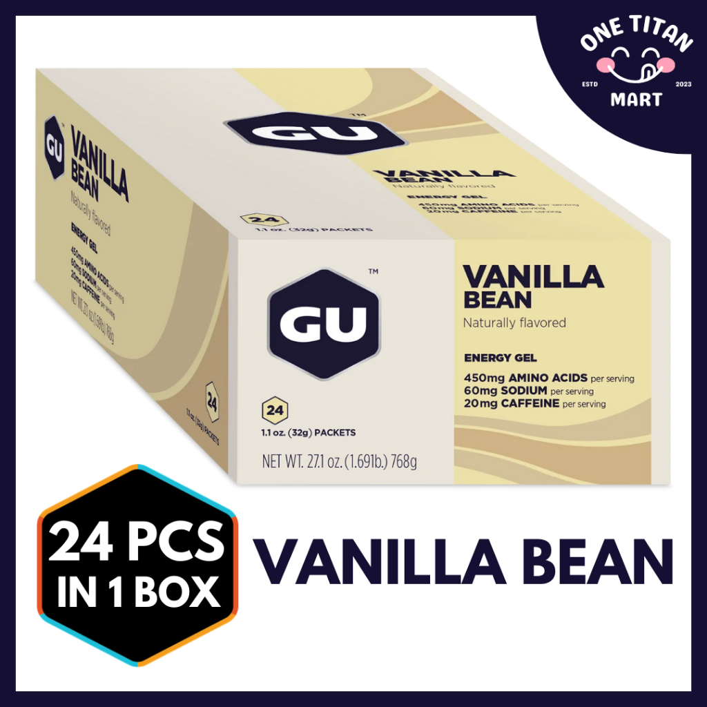 GU Energy Gel Vanilla Bean 1 box with 24 packets for Running, Cycling