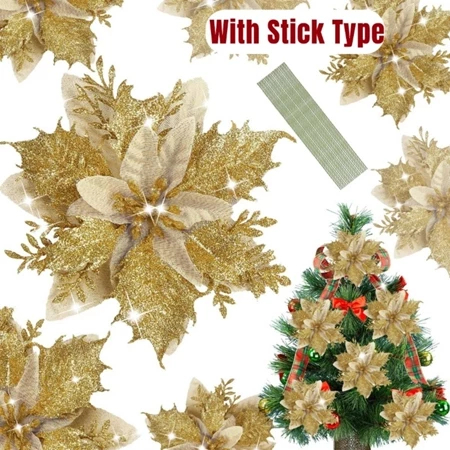 24pcs Poinsettia Glitter Artifical Christmas Flowers With Sticks ...