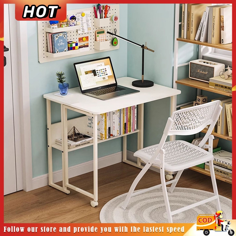 ⭐HOT⭐Movable Computer Table 2-layer Folding Table With Wheels Bedside ...