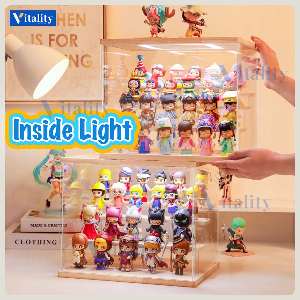 Acrylic Display Case With Lights Dust Proof Wooden Toys Organizer ...