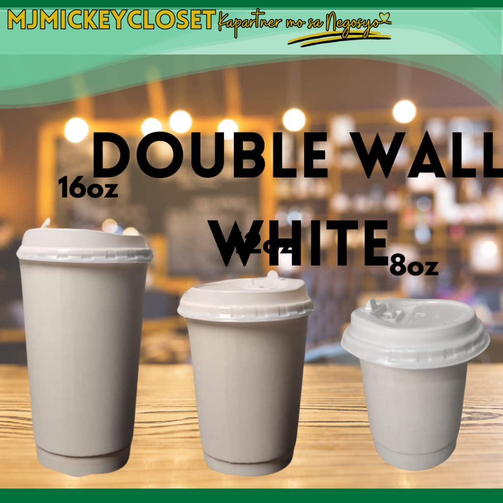 25pcs Double Wall Coffee Cups WHITE 8oz 12oz 16oz with Lid | Shopee ...