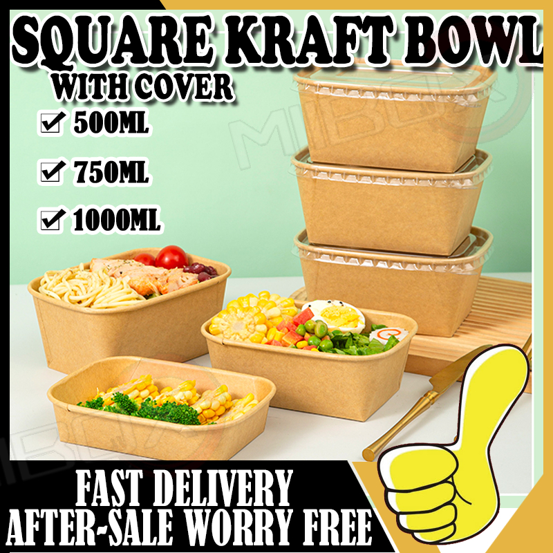 【50pcs】Square Kraft Bowl Brown Disposable Meal Box With Pp Lid Food ...
