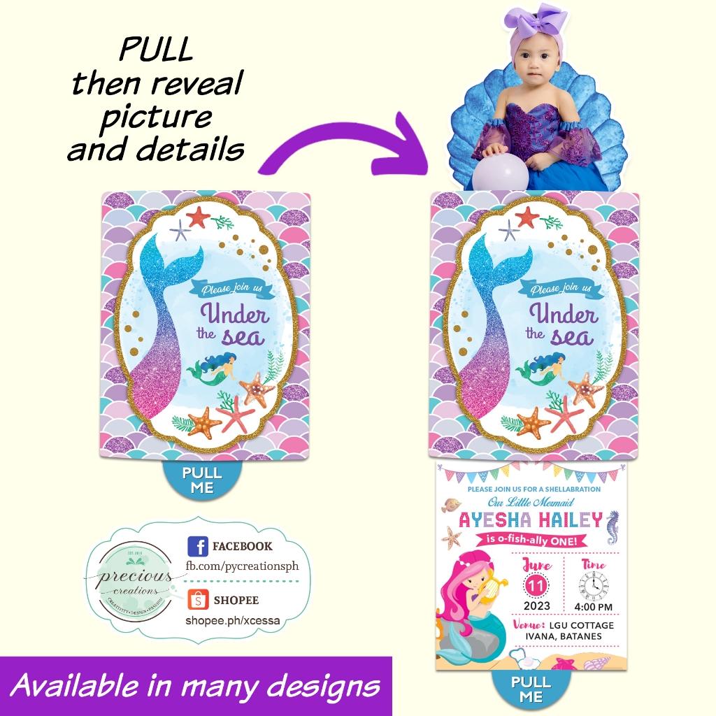 10-50pcs MERMAID themed Pull Me Invitation + FREEBIES | Shopee Philippines