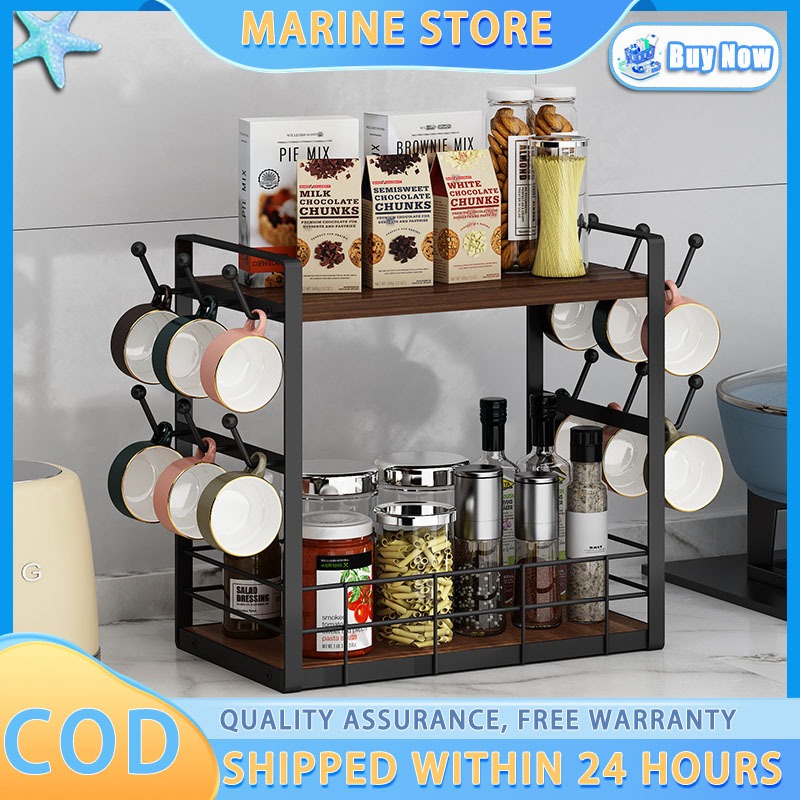 Double Layer Kitchen Shelf Coffee Bar Organizer Spice Rack Wooden ...