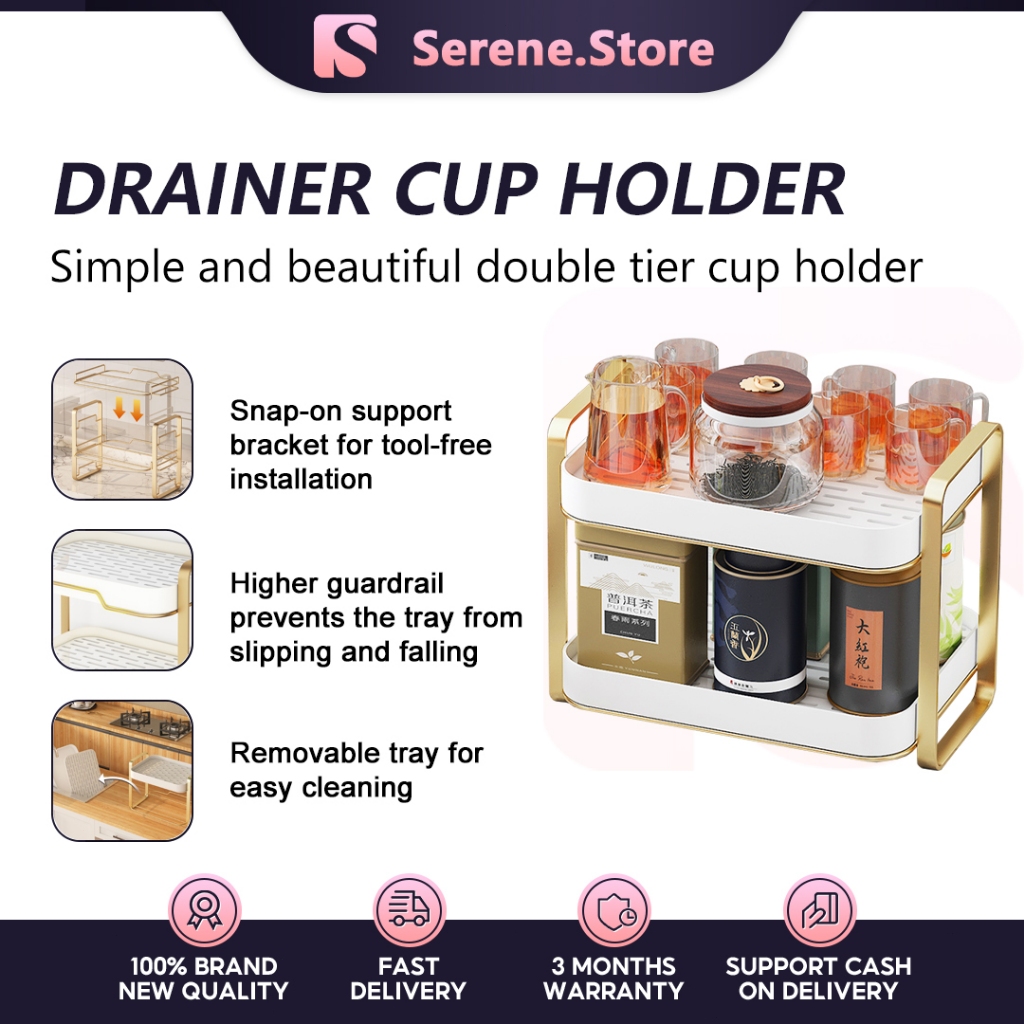 2 Tier Draining Cup Rack Kitchen Shelf Organiser with Drain Tray Tier ...