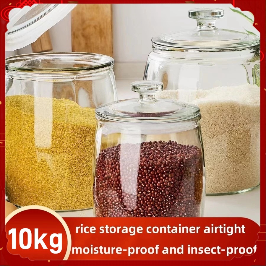 Glass Rice Dispenser 10kg With Lid Glass Storage Airtight Container ...