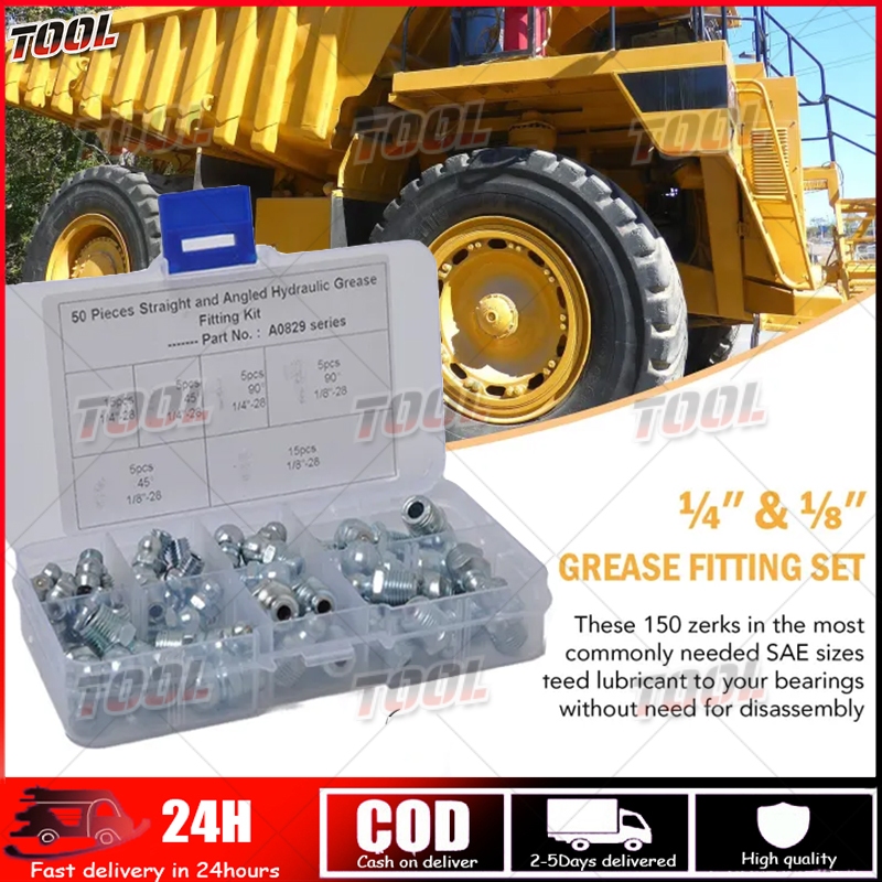 TEHAUX 50-Piece Grease Fitting Assortment – Straight & Angled Zerk Nipples, Metal Construction With Storage Case, For Auto, Industrial & Ag Equipment