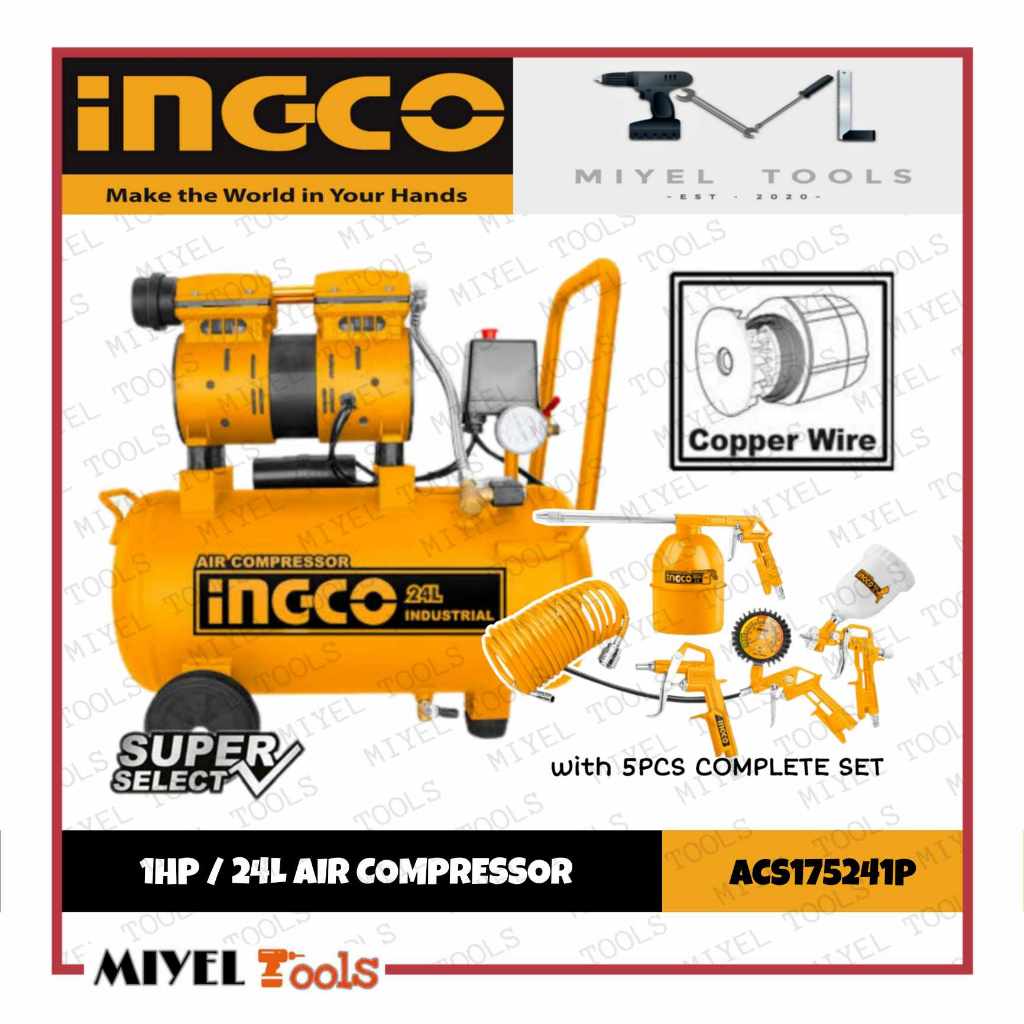 INGCO Air Compressor ACS175241P 1.0HP/24L w/ Air Tools 5Pcs Set AKT0053 ...