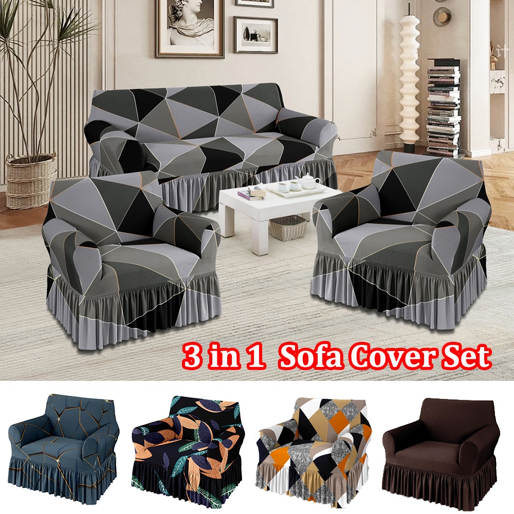 3 in1 Sofa Cover Set Couch Cover Sofa Seat Cover with Skirt Elegant ...