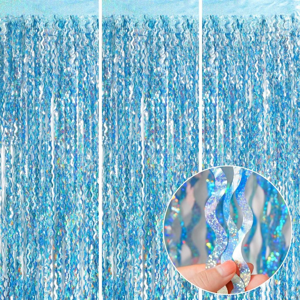1*2m Light Blue Wave Laser Curtain Foil Rain Curtain Wall Decor Party ...