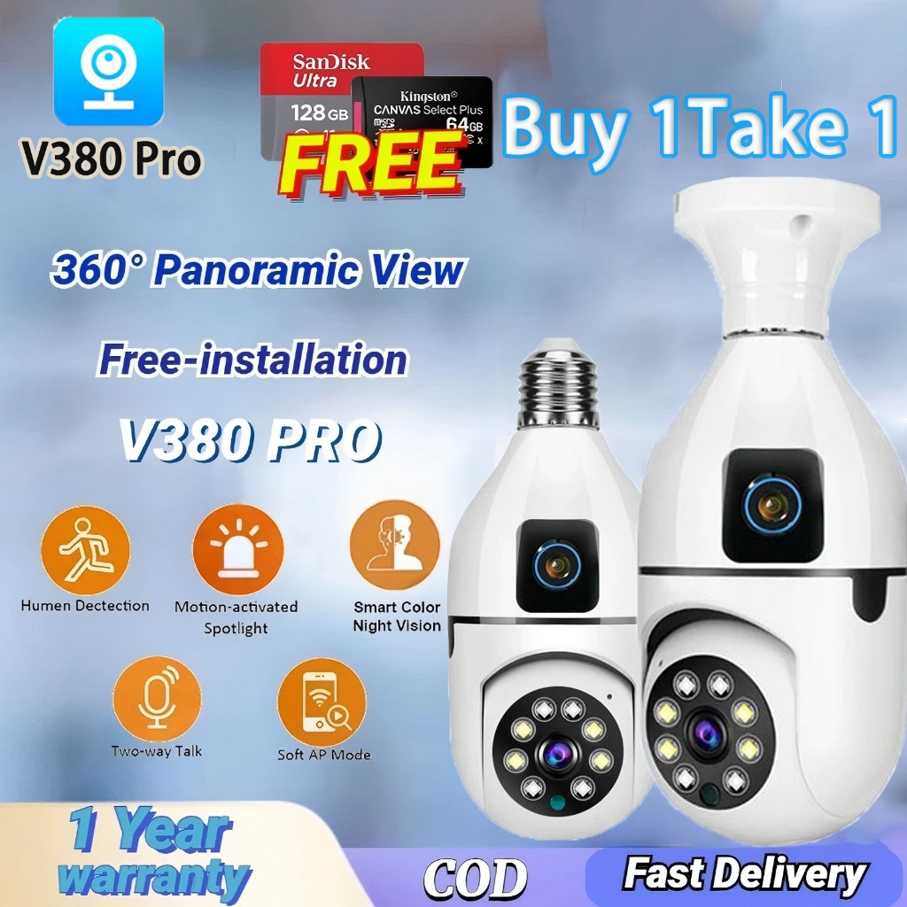 Buy1 Take 1 CCTV Bulb Camera V380 Dual Lens 8MP+8MP 5G Wireless NO WiFi ...