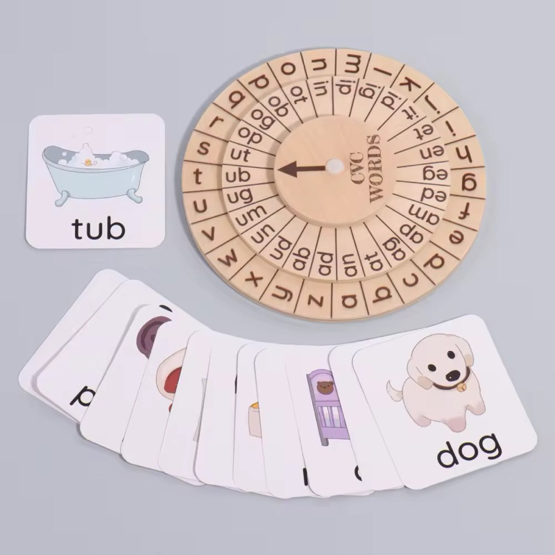 Wooden CVC Word Spelling Game Rotating Wheel board Preschoolers Reading ...