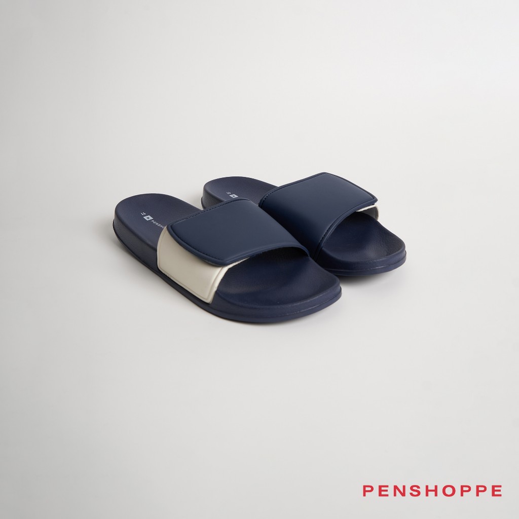 Penshoppe Contrast Velcro Band Slides Slippers For Men (Black/Navy Blue)