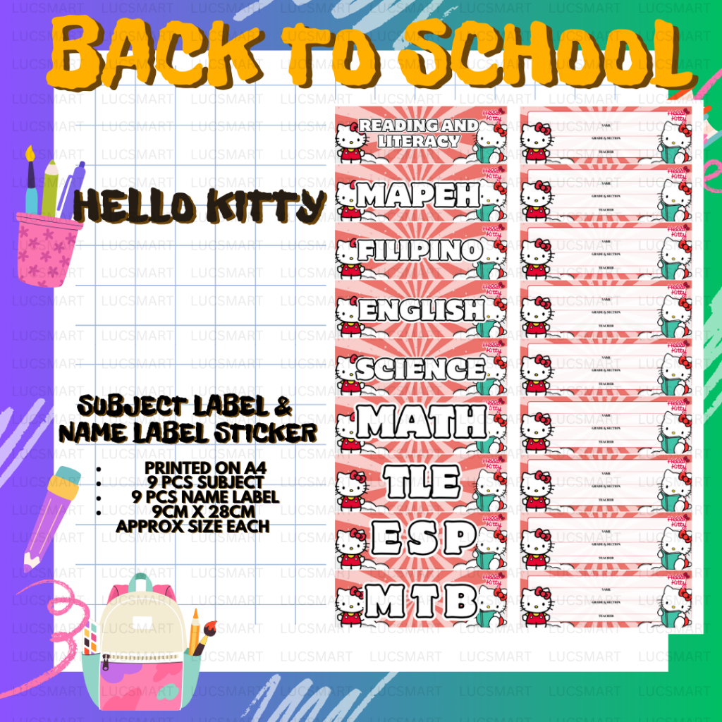 LUCSMART Fast shipping - NEW DESIGN HELLO KITTY THEMED Subject and Name ...