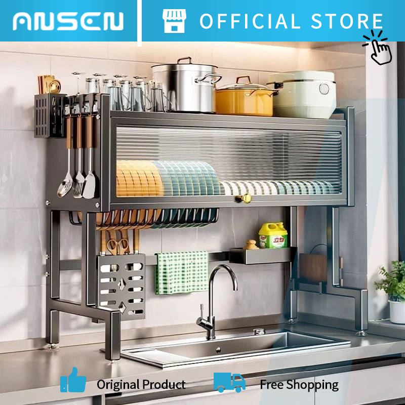 Kitchen Racks Sink Rack Metallic Dish Cabinet Rack With Dustproof ...