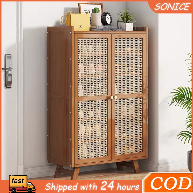 Bamboo Wood Shoe Cabinet Rattan Breathable Shoe Cabinet Home Entrance ...