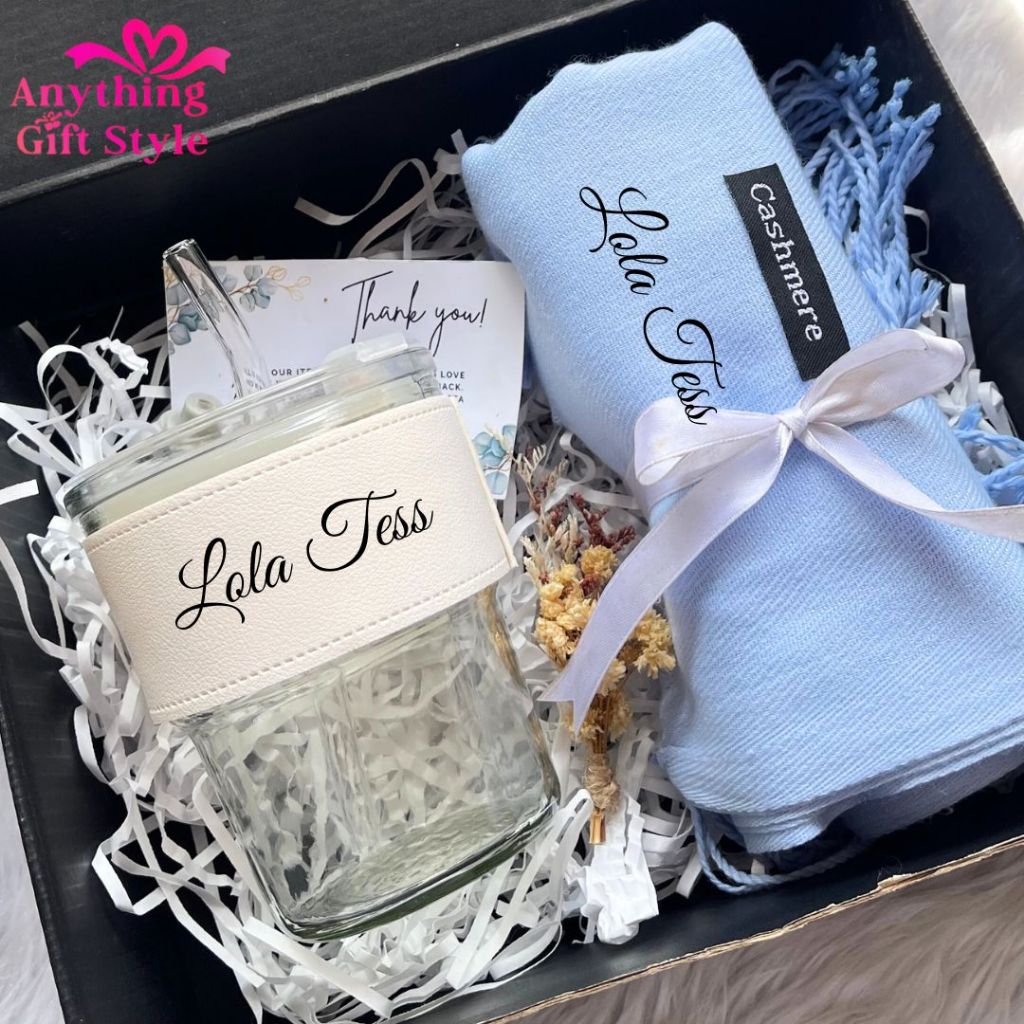 Personalized Gift Box Set Glass Mug & Shawl For Wedding, Birthday ...