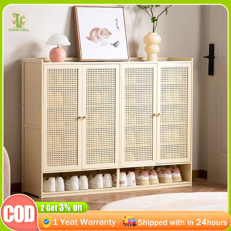 Large Capacity Storage Shoe With Rattan Door Shoe Rack In Cream
