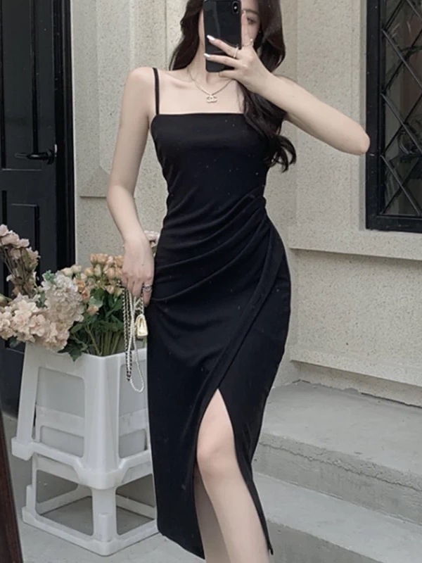 summer black slit dress for woman casual midi Korean style elegant dress  formal for teens plus size | Shopee Philippines