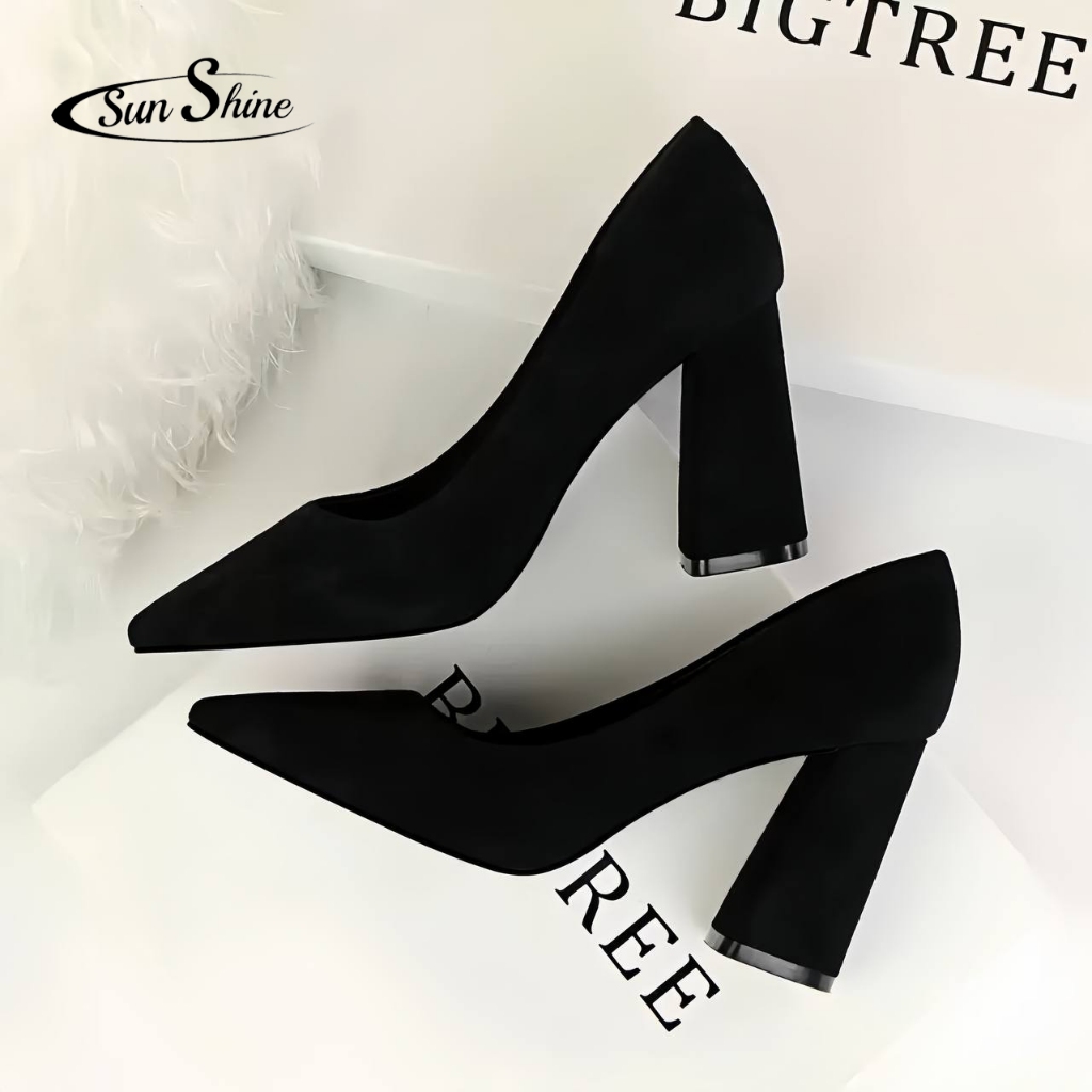 10CM Korean Suede Pointed Toe Black Heels For Graduation Office Work ...