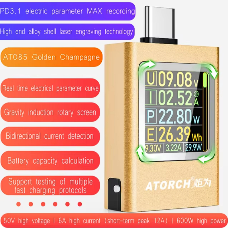 ATORCH AT085 DC 4.5-50V PD3.1 Digital Display Voltage Ammeter Meter ...