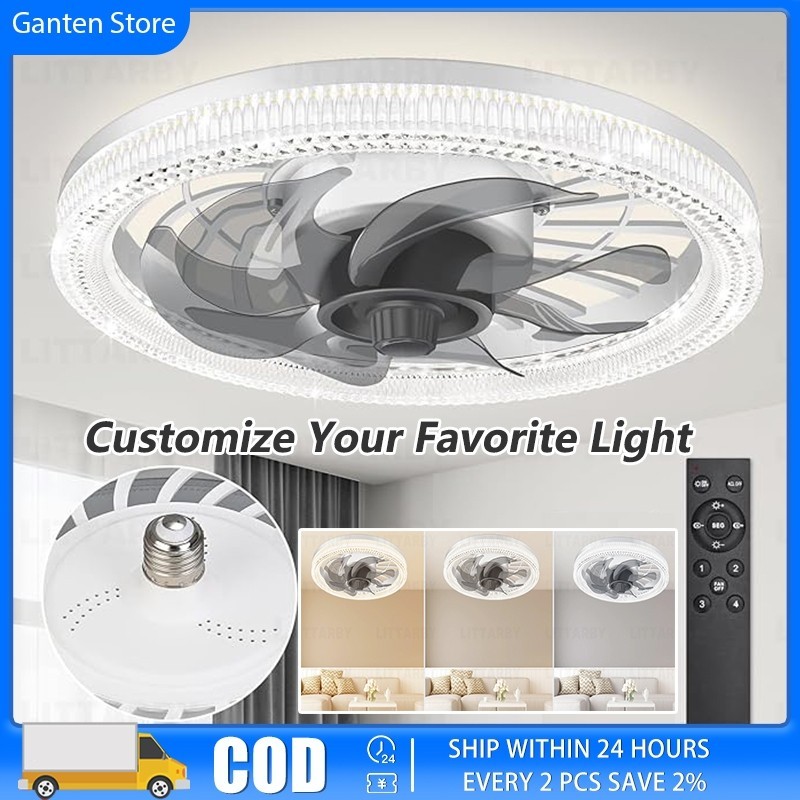 Ceiling Fan Light E27 Base Bulb Fan with Remote Control Dimmable Strong ...