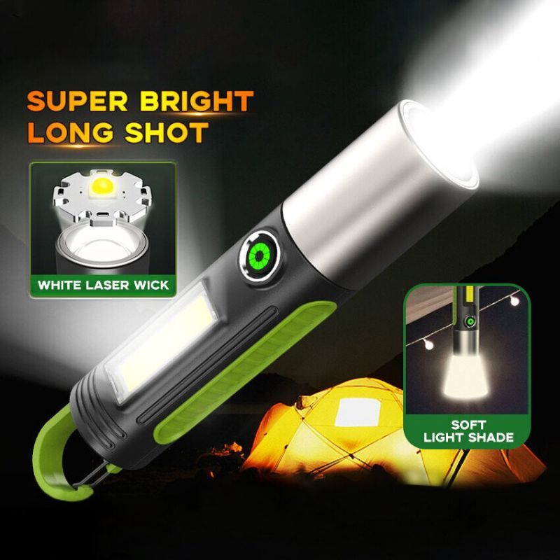 3 In 1 Flashlight Rechargeable 4 Modes with Hook Zoom Outdoor Camping ...