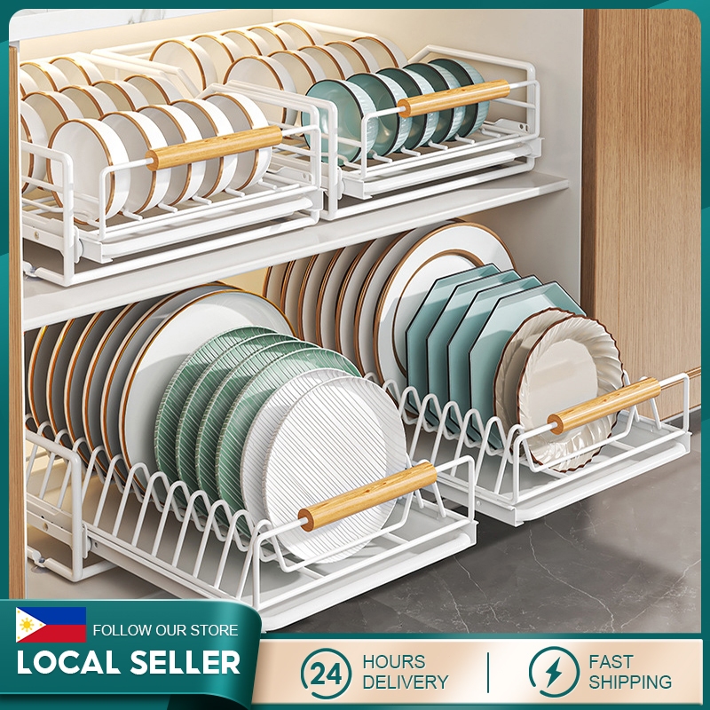 Kitchen Pull out Tray Storage Rack Metal Plate organizer Dish rack ...