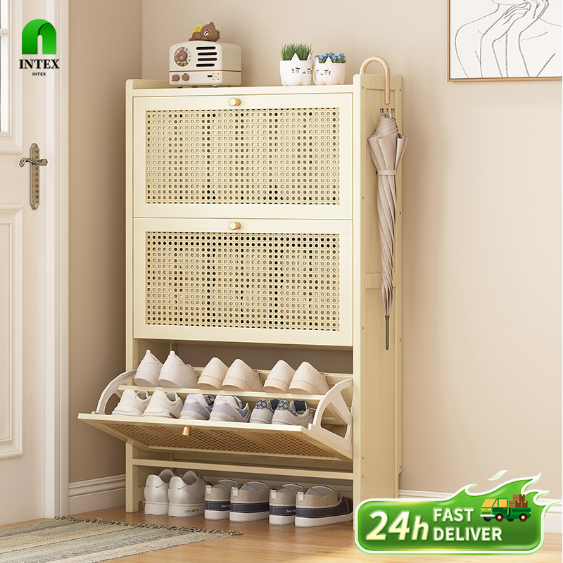 Cream Style Rack Cabinet Breathable Lattice Door Bamboo Shoe Organizer ...