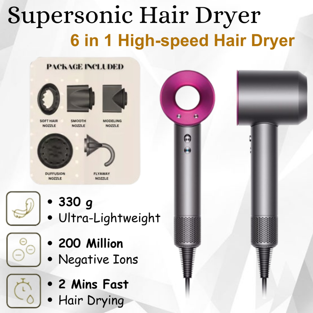 Supersonic hair dryer 6 in 1 High Speed Hair Dryer 2 Mins Quick Drying ...