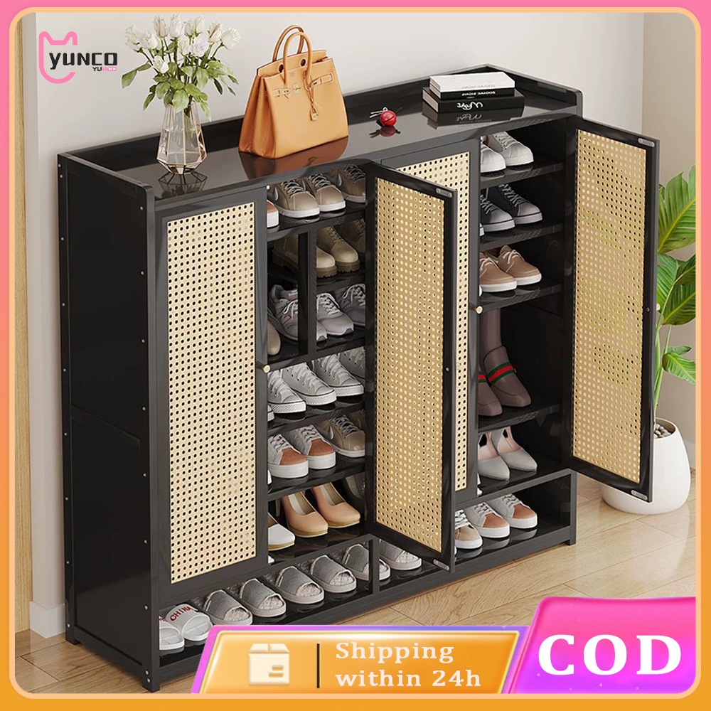 [On Hand] Shoe rack Shoe Cabinet Wooden Door With Cover Rattan Shoe ...