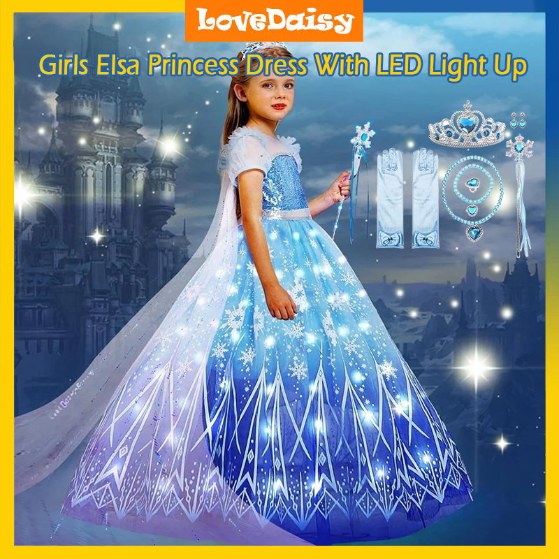 Girls Elsa Princess Dress With LED Light Up Frozen Elsa Cosplay Costume ...