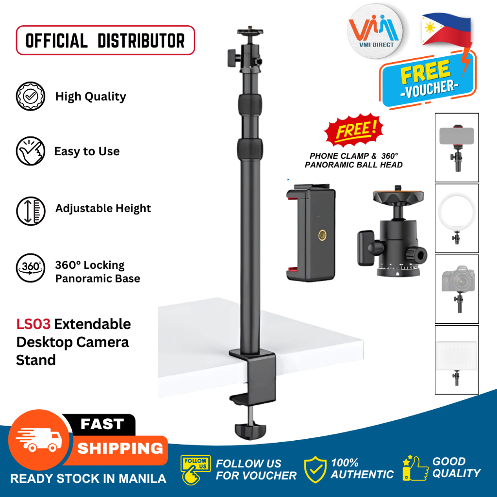 LS03 Extendable Desk Mount Camera Stand With Smartphone Clamp, 360 Ball ...