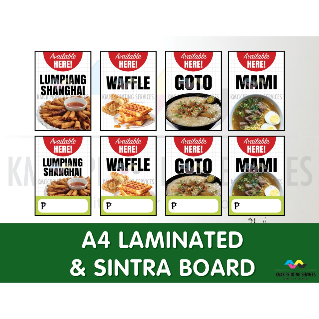 Available Here LUMPIANG SHANGHAI, WAFFLE, GOTO, MAMI Signages Laminated ...