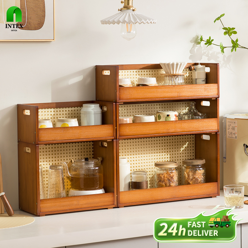 Stackable Rattan Bamboo Table Shelf Kitchen Layered Rack Spice Storage ...