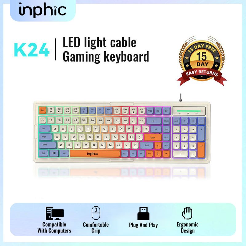 INPHIC 96% K-24 Gaming Keyboard Rainbow Backlit 98 Keys Compact USB ...
