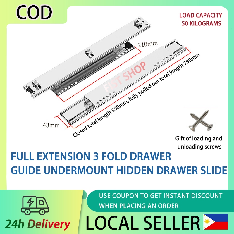 Full Extension 3 Fold Drawer Guide Undermount Hidden Drawer Slide ...