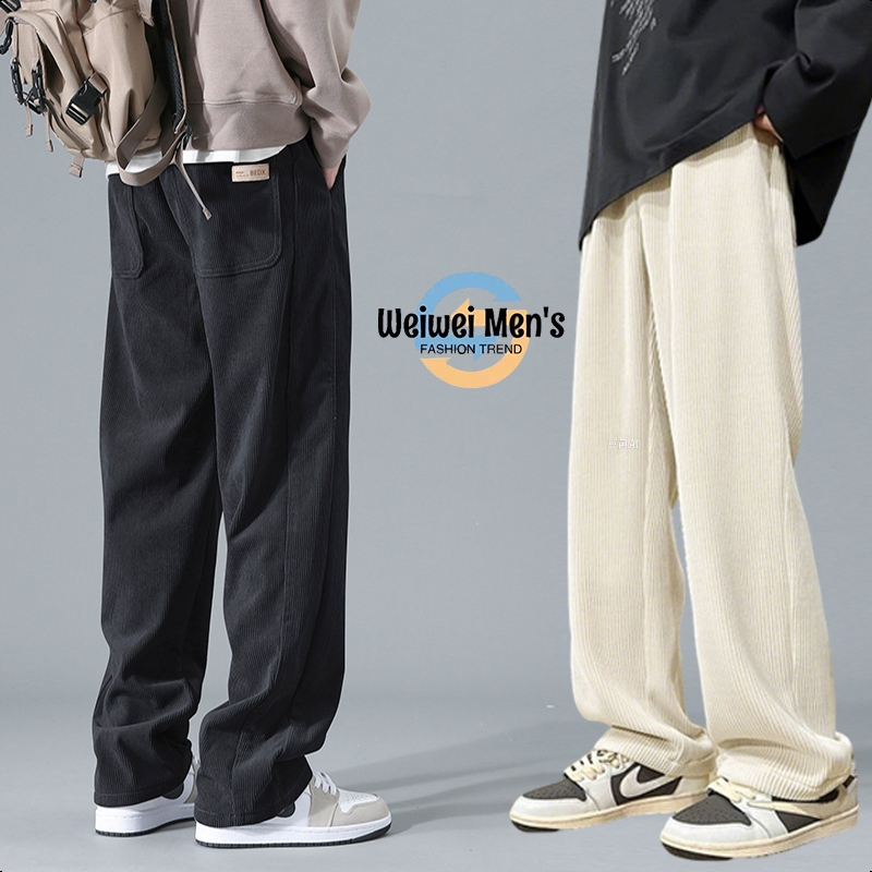 Corduroy pants black pants Straight Wide leg drawstring baggy loose ...