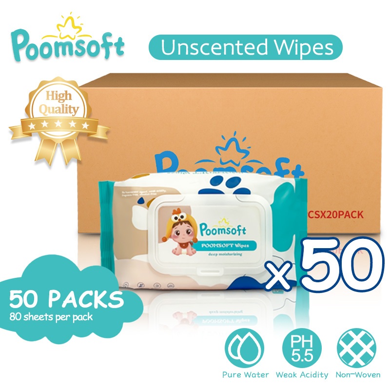 Poomsoft 50 Packs x 80 Sheet No-Alcohol Unscented Safe For Baby Gentle ...